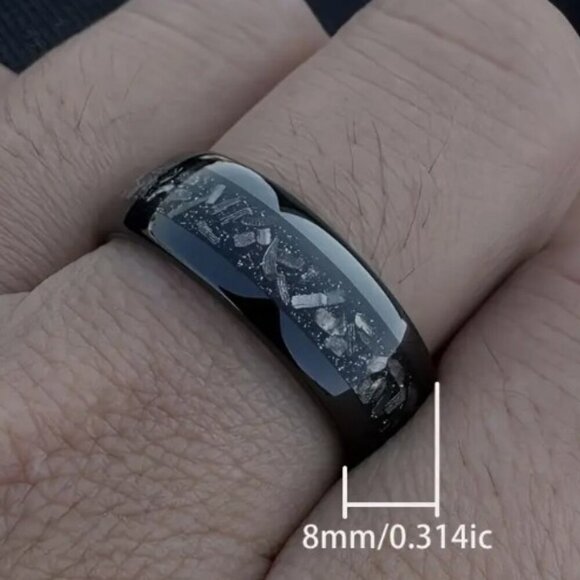 Men's 8mm Gunmetal Black Tungsten Ring with Synthetic Meteorite Inlay Modern - Picture 2 of 7